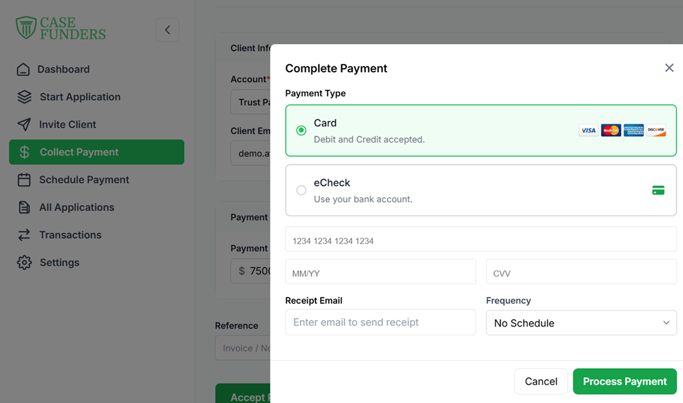 CaseFunders trust-compliant payment workflow