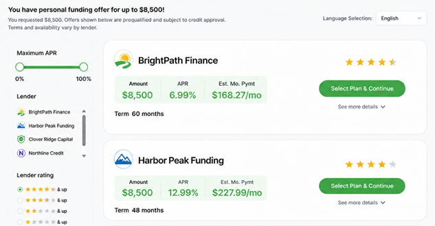 Client reviews and selects a payment plan